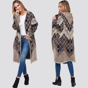 Multi-colored hooded midi cardigan 'On Blue' Medium VIBRANT geometric graphics